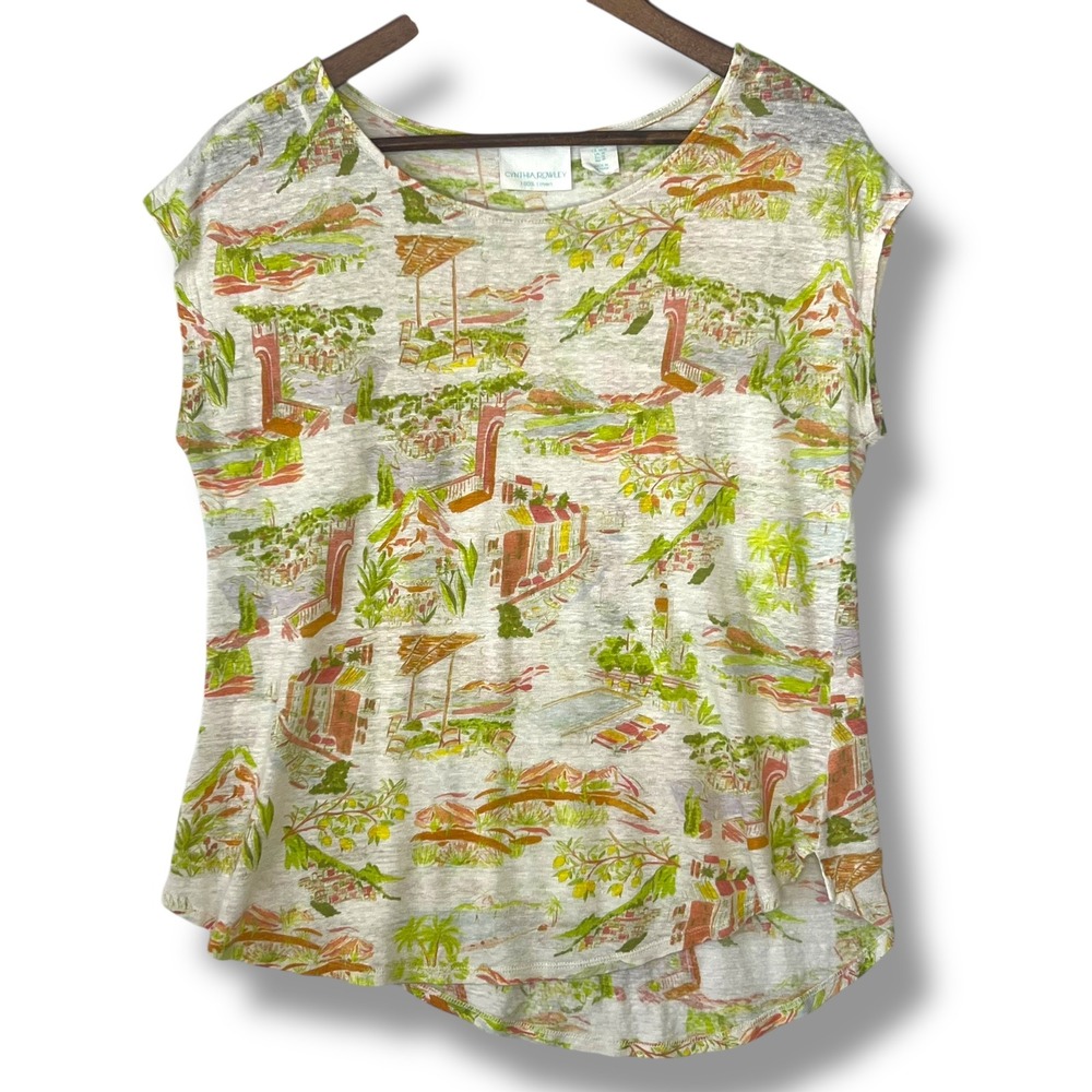 Cynthia Rowley M 100% Linen Blouse Scenic Countryside Resort Tropical Vacation